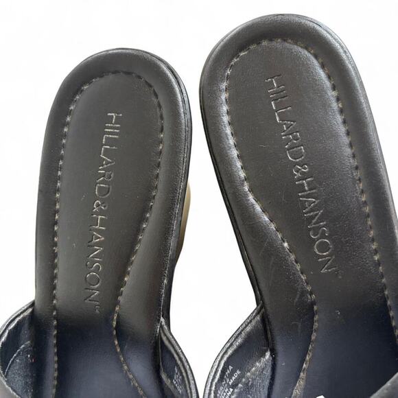 90'S VTG. BLACK LEATHER CHUNKY HILLARD & HANSEN WEDGE SANDALS SIZE 8. - Picture 5 of 8